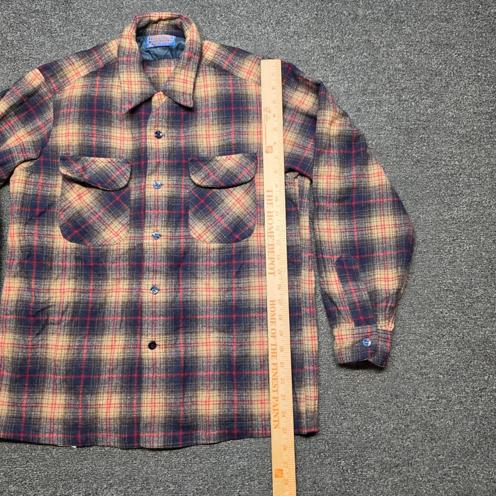 VTG Pendleton Board Shirt Plaid Tan Navy Mens Large Wool Flannel Loop Collar USA - Picture 3 of 7